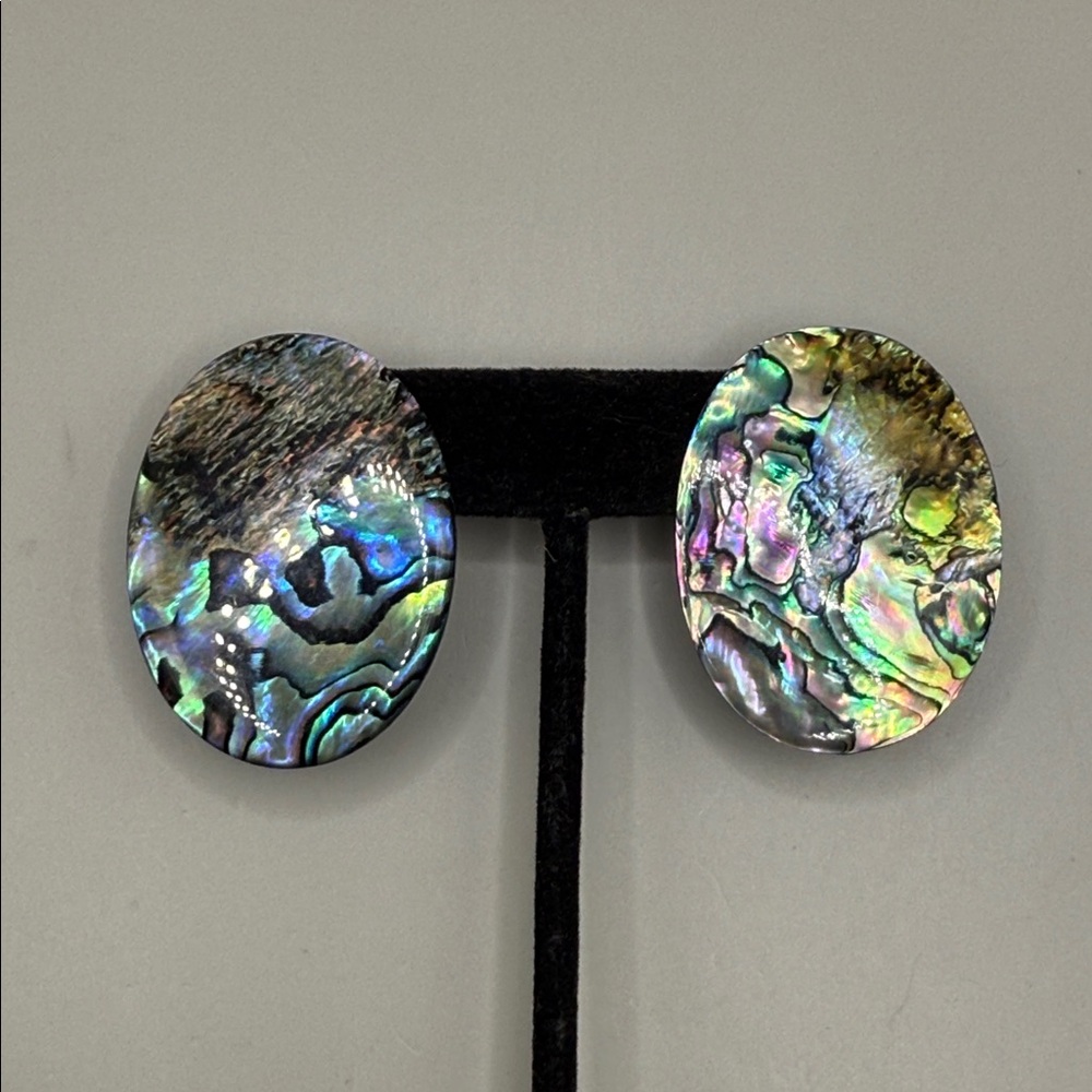 Vintage Large Oval Abalone Shell Dangle Drop Stat… - image 1